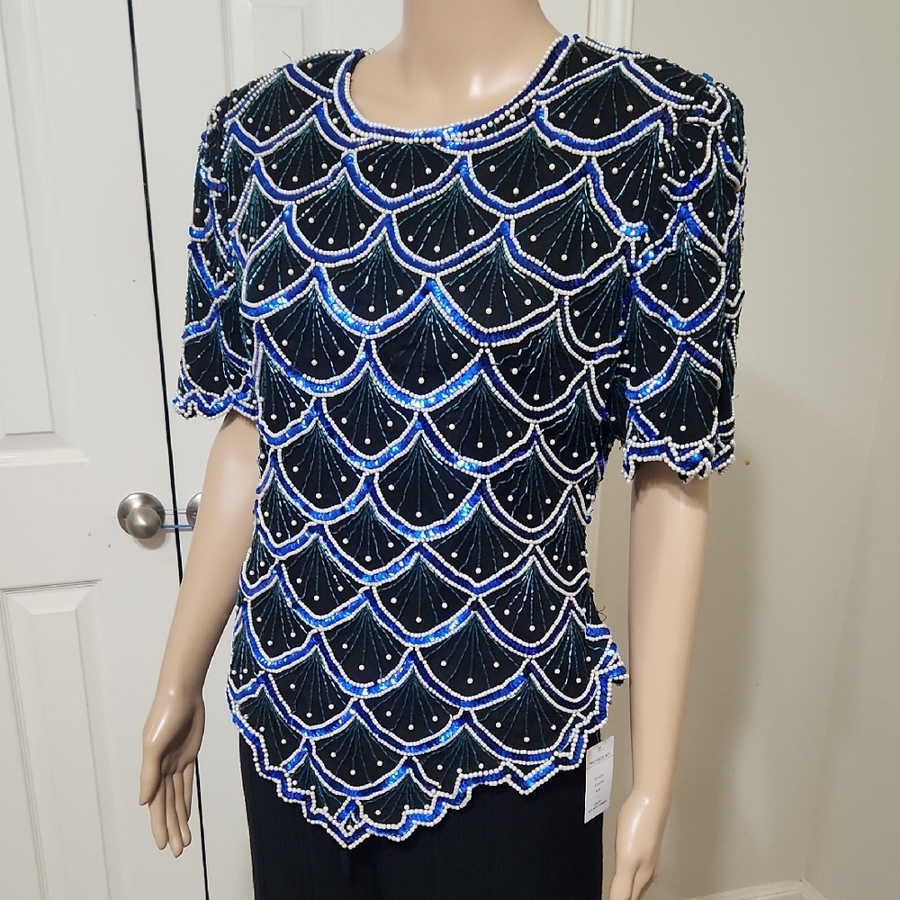 Vintage L Heavily Beaded Sequins Top in Shiny Blue and Black Back Zip